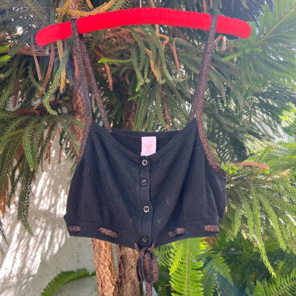 Savage x Fenty Eyelet Knit Crop Cami Top | Black | Lurex Straps | Soft Cotton